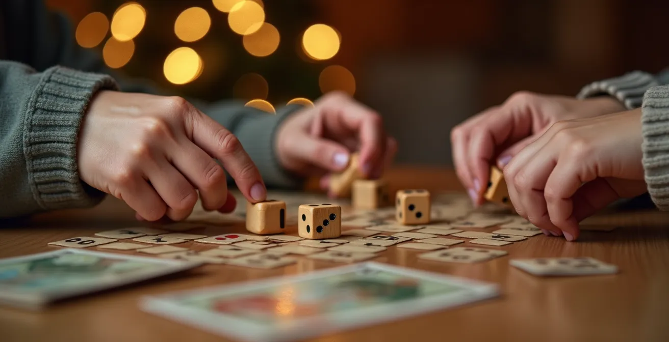 Famille multigénérationnelle engagée dans différentes activités ludiques de Noël