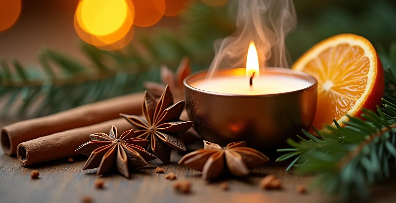 Composition montrant différentes sources de parfums disposées stratégiquement autour d'un sapin