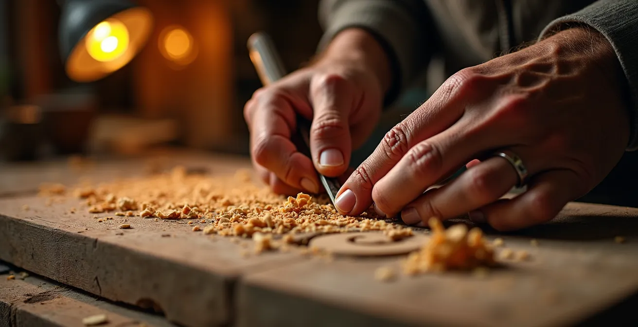 Gros plan sur les mains d'un artisan travaillant le bois sur son stand de marché de Noël