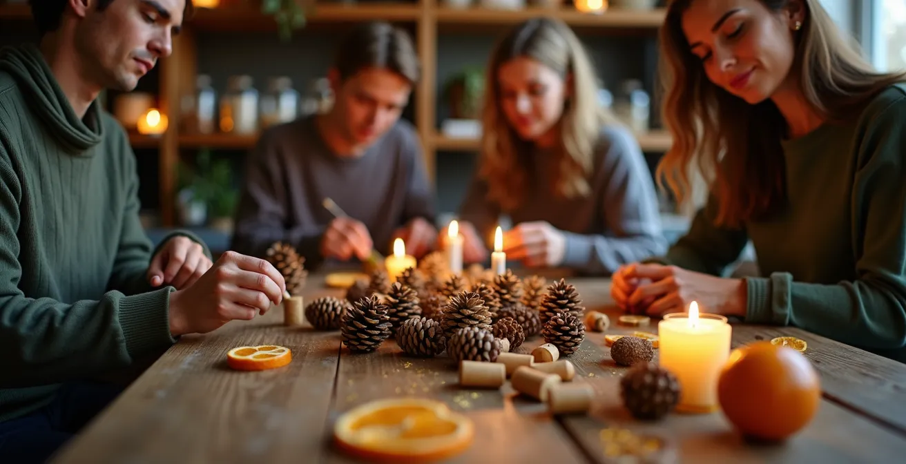 Adultes concentrés autour d'une table d'atelier créatif de Noël avec matériaux naturels