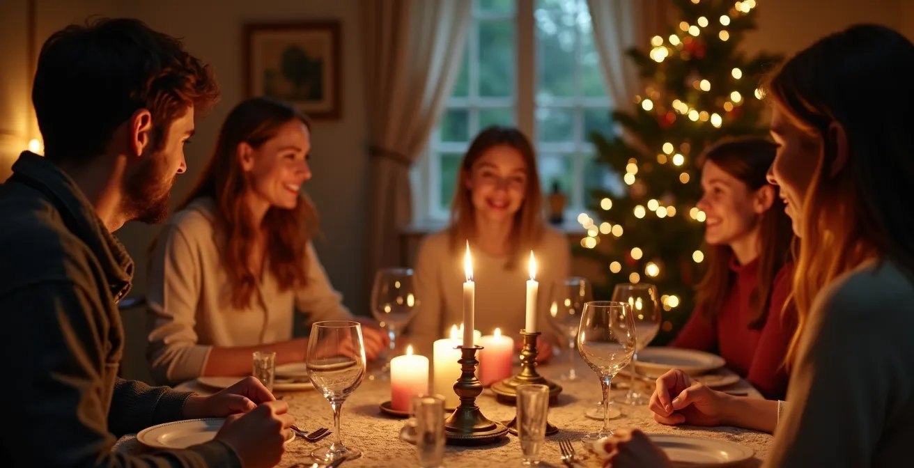 Scène d'intérieur de Noël mêlant vraies bougies et alternatives LED à flamme dansante