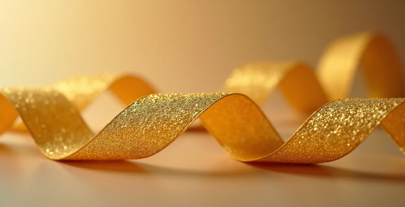 Vue macro d'un ruban de cadeau doré sur fond de texture domestique floue