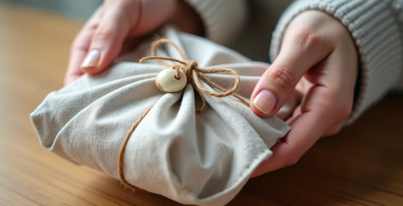 Carte cadeau élégamment présentée dans un emballage en tissu furoshiki avec détails artisanaux