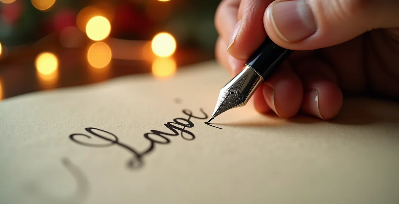 Une main écrivant une carte de vœux personnalisée avec une plume sur papier texturé
