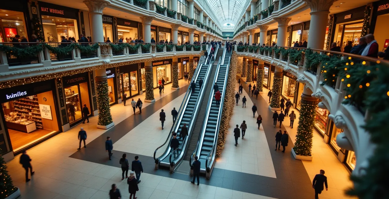 Vue en plongée d'un centre commercial français décoré pour Noël avec shoppers et décorations lumineuses