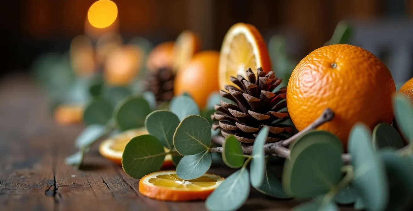 Gros plan sur un chemin de table végétal composé de branches d'eucalyptus et pommes de pin dorées
