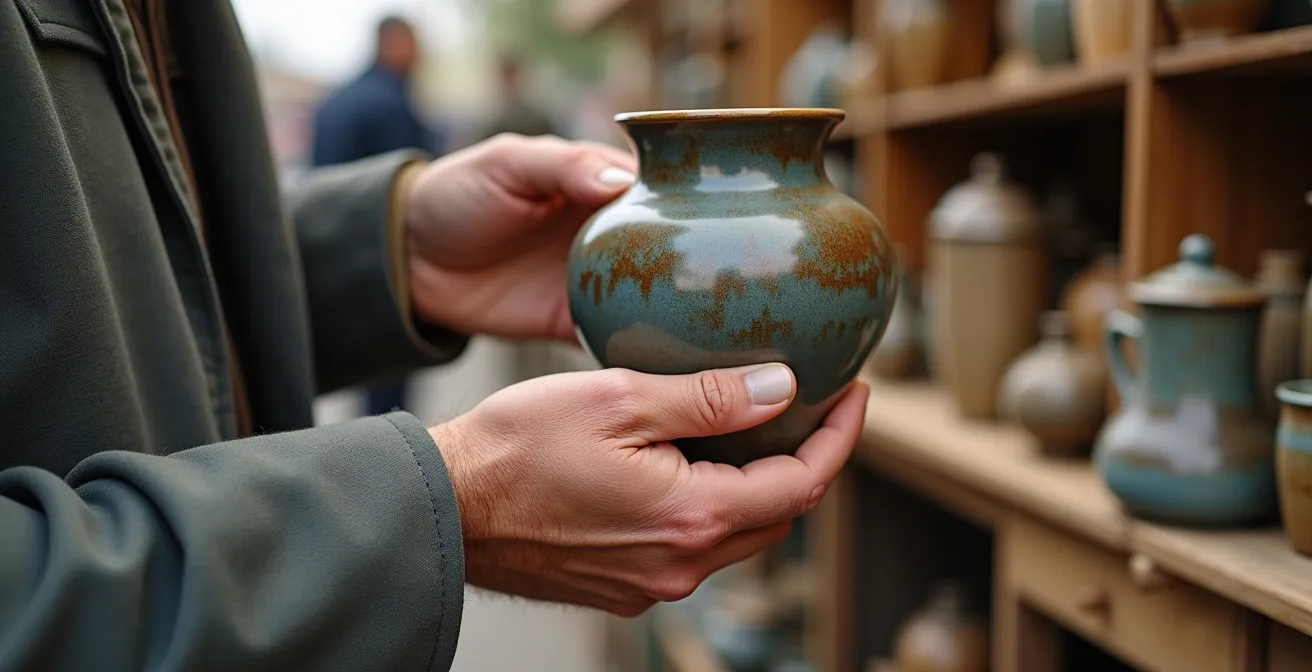 Mains examinant un objet vintage dans un marché aux puces français