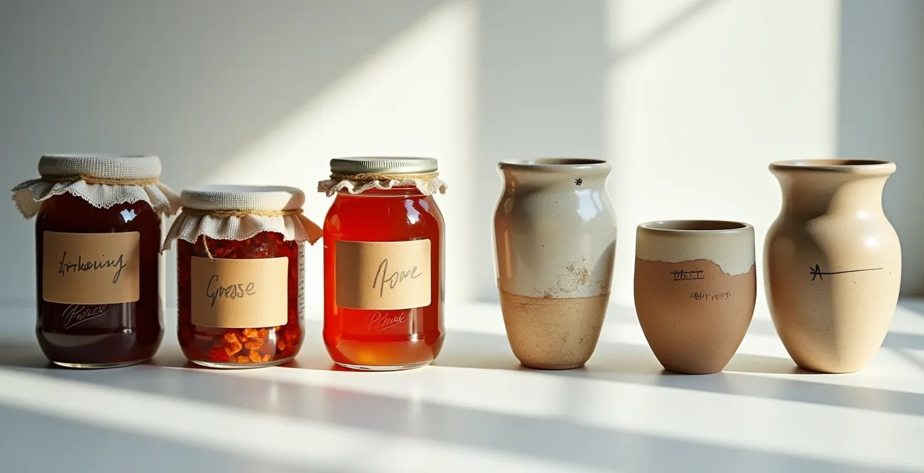 Nature morte montrant côte à côte des créations fait-maison et des objets artisanaux professionnels