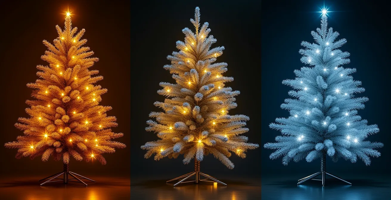 Comparaison visuelle de trois ambiances lumineuses différentes sur un même sapin de Noël