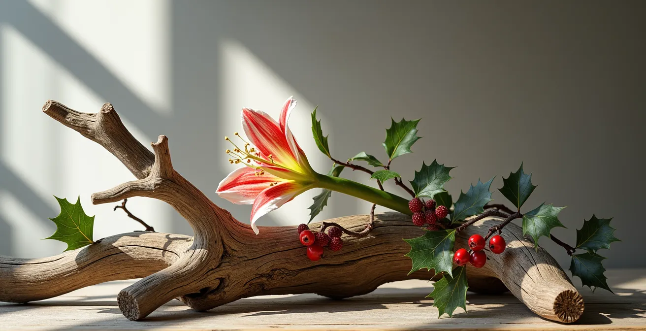 Composition ikebana mêlant branches séchées et une unique fleur d'amaryllis fraîche incarnant le wabi-sabi