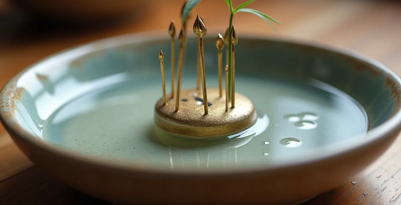 Vase bas en céramique française avec pique-fleurs Kenzan pour composition florale ikebana