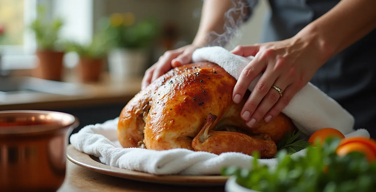 Dinde enveloppée dans des torchons pour le repos thermique