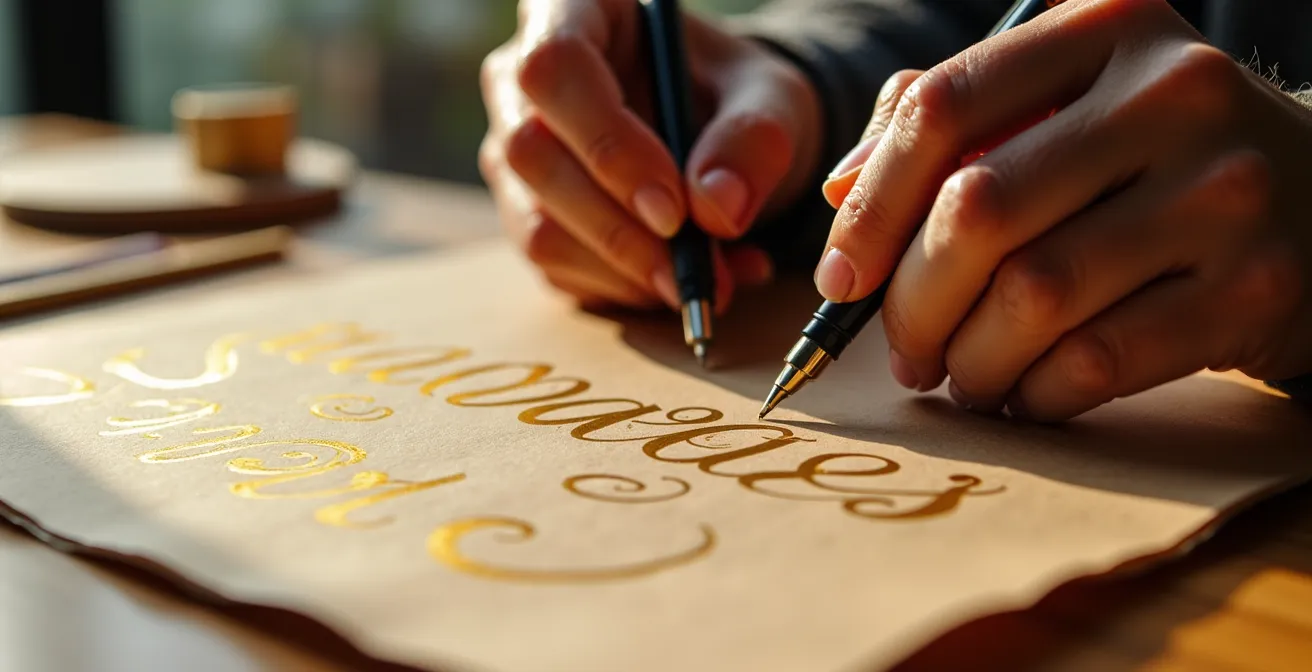 Mains calligraphiant un menu de Noël sur papier kraft avec encre dorée