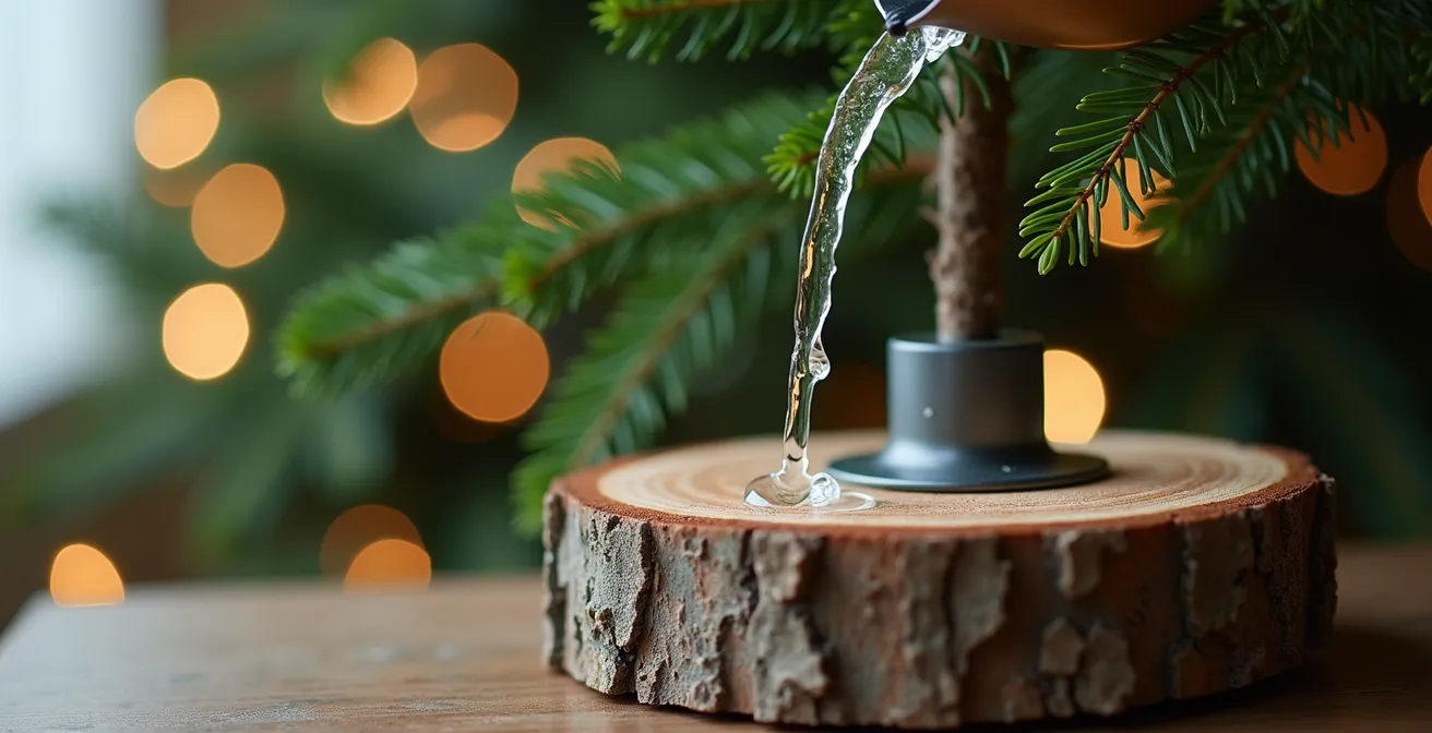 Gros plan sur un système d'arrosage de sapin avec réservoir d'eau et mains versant de l'eau