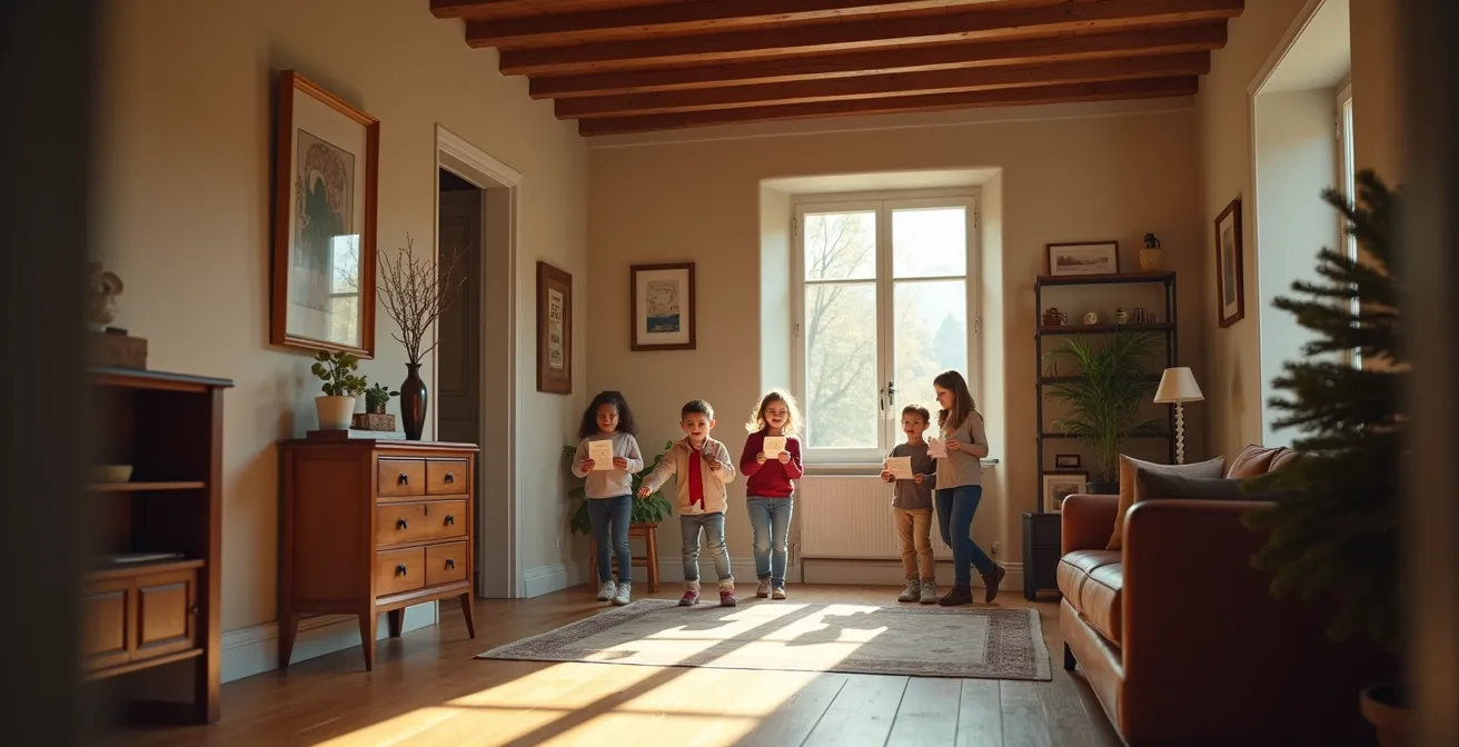 Famille multigénérationnelle participant à une chasse au trésor festive dans une maison française traditionnelle