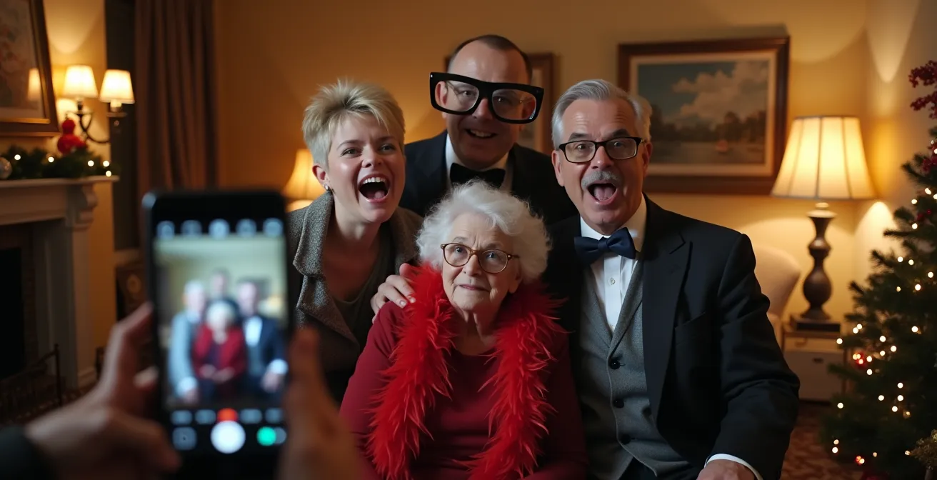 Famille en plein tournage d'une vidéo humoristique de Noël dans le salon