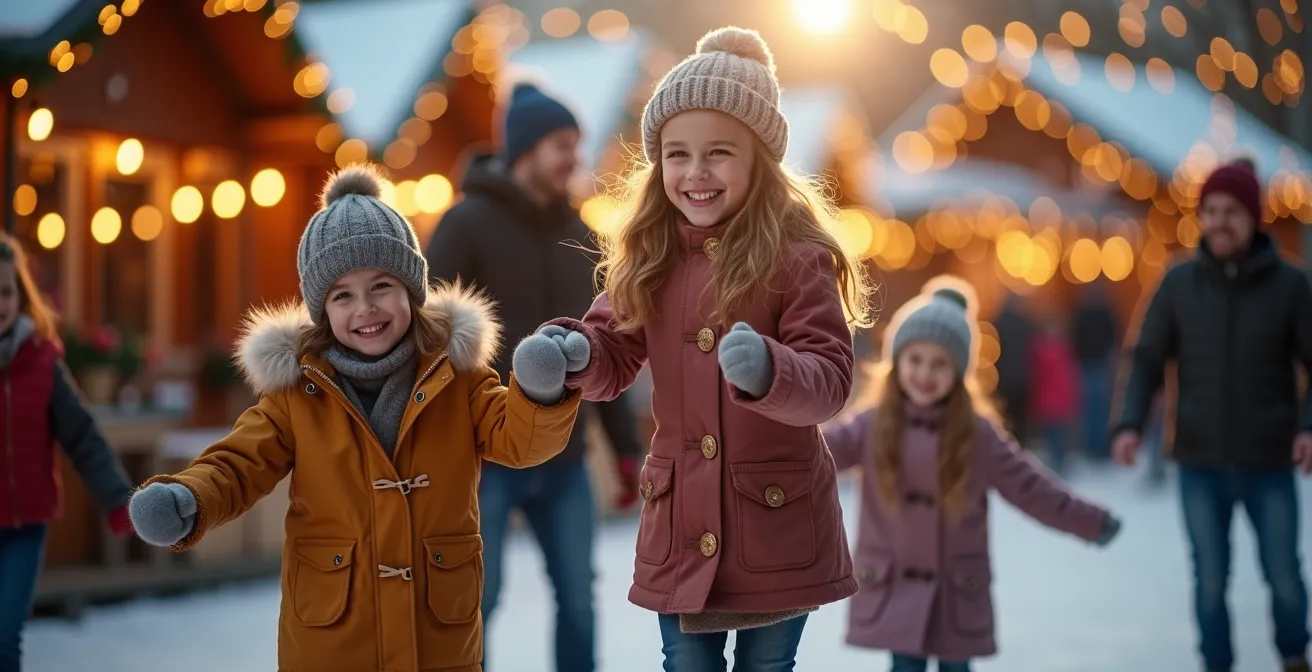 Familles heureuses patinant sur une patinoire de marché de Noël
