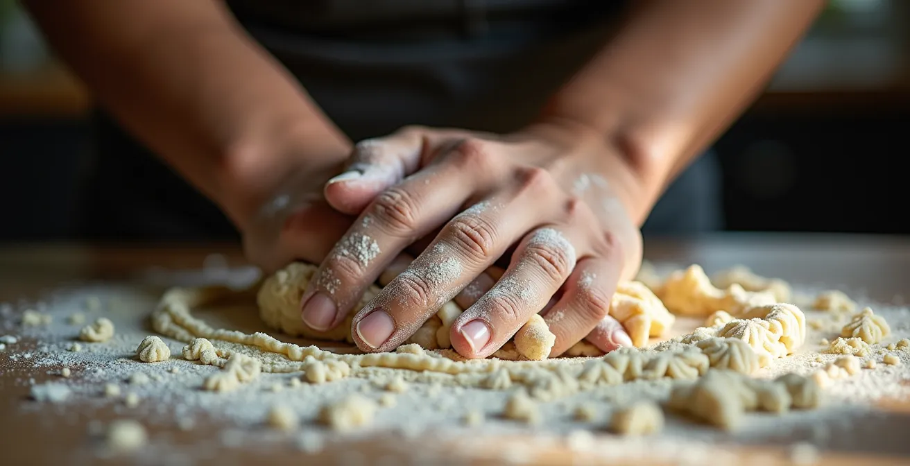 Femme dans une cuisine française préparant les plats de Noël avec une expression de concentration et de fatigue