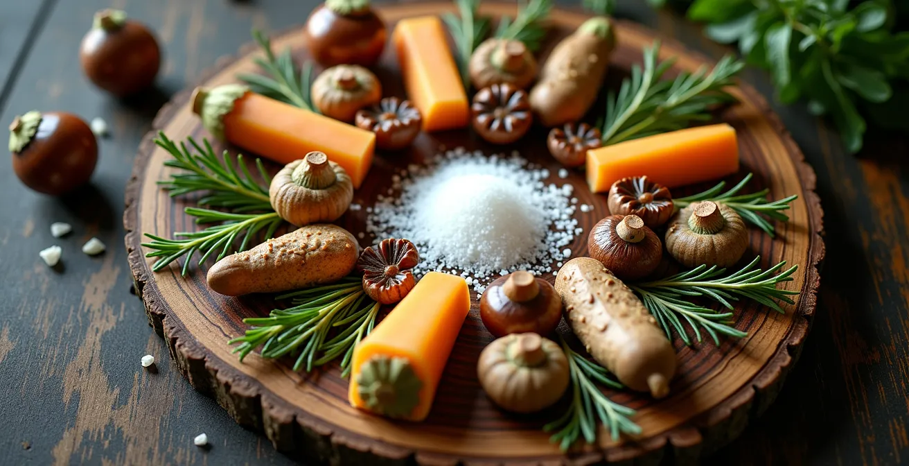 Composition d'ingrédients emblématiques d'une région française disposés en cercle, créant une palette visuelle harmonieuse