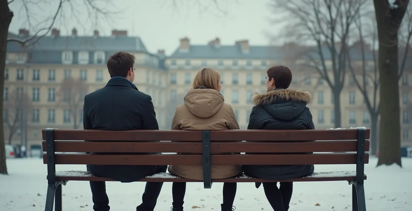 Trois adultes de la même fratrie assis à distance sur un banc de parc en hiver, regardant dans des directions différentes
