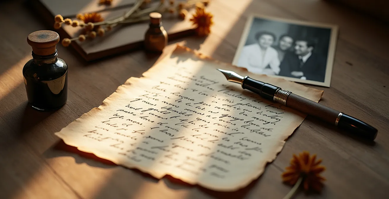 Une lettre manuscrite posée sur une table en bois à côté d'une photo de famille vintage