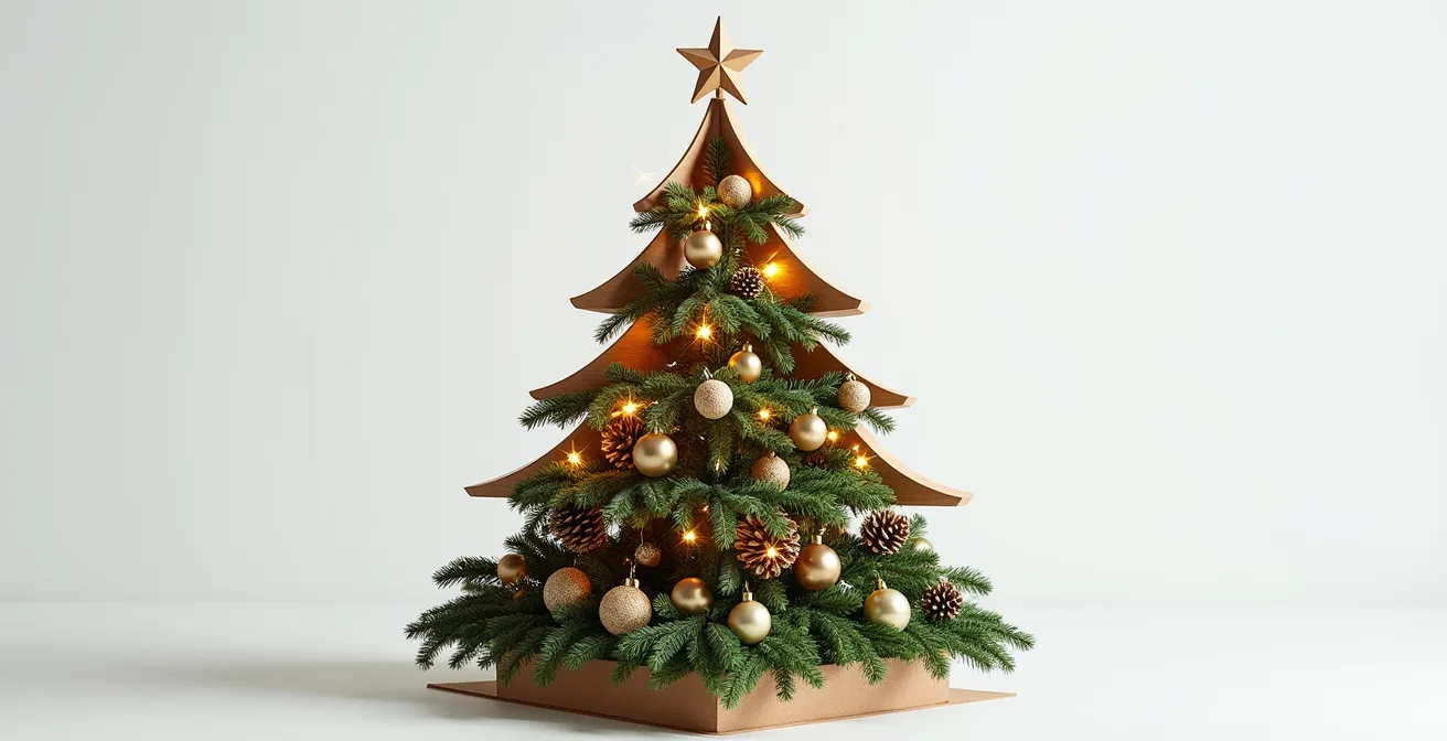 Vue en coupe montrant la méthode des trois couches de décoration d'un sapin