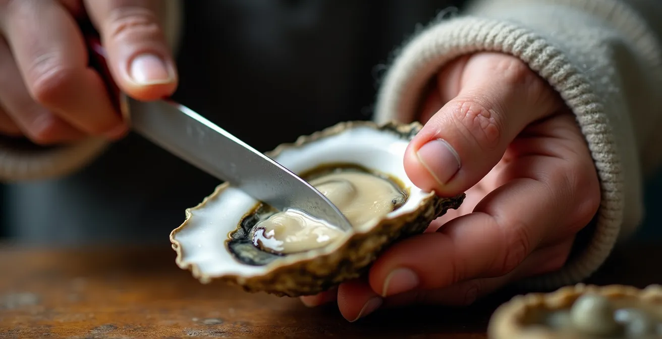 Mains protégées par un torchon épais ouvrant une huître avec un couteau spécialisé