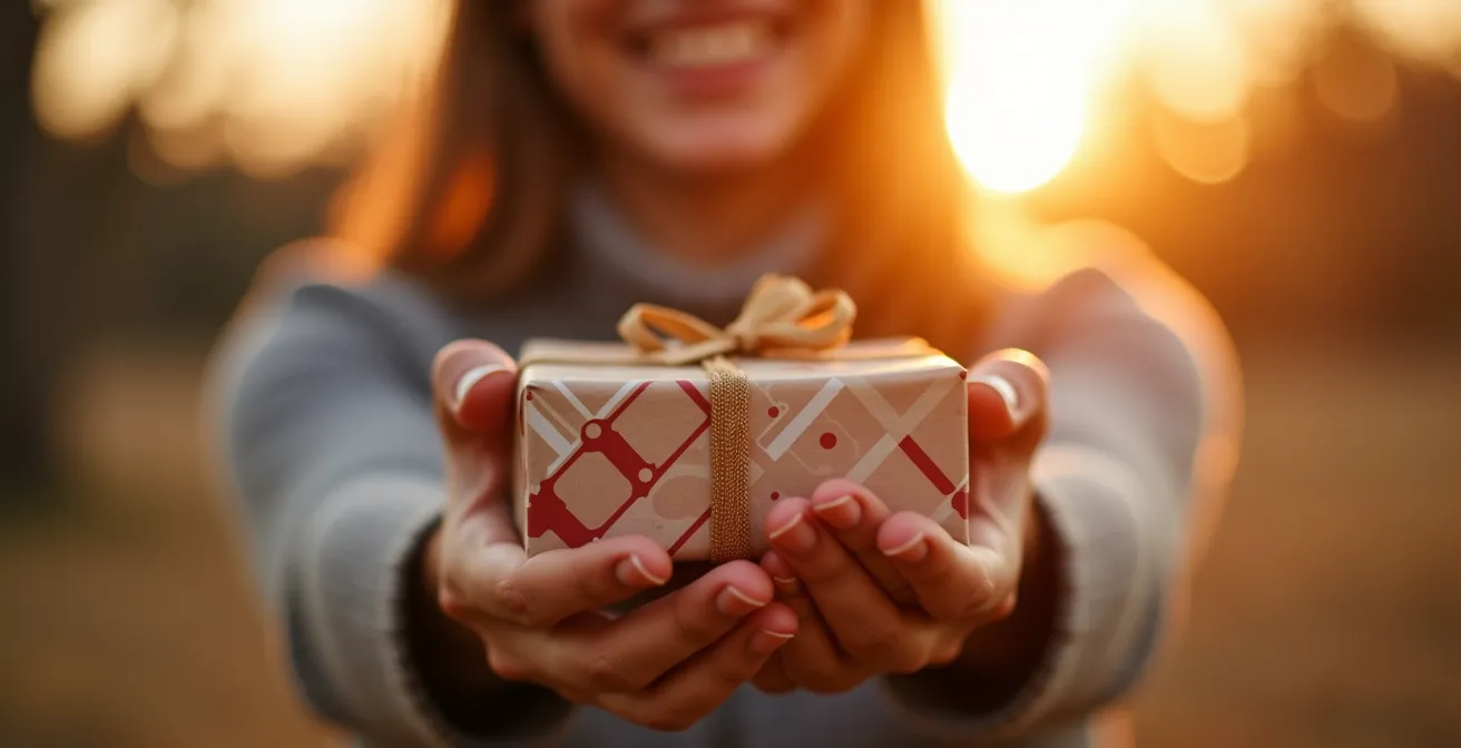 Silhouette anonyme distribuant des présents avec une aura lumineuse suggérant la joie intérieure