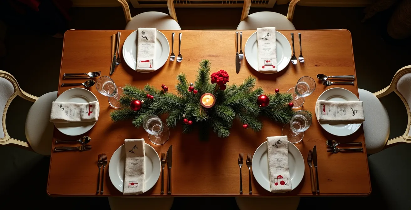 Vue aérienne d'une table de Noël avec placement stratégique des convives