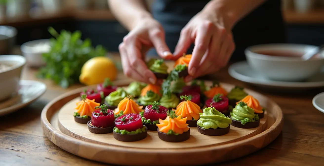 Plateau circulaire présentant des amuse-bouches végétaux colorés disposés en spirale avec différentes textures