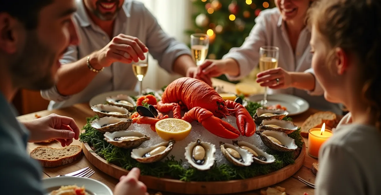 Plateau de fruits de mer élégamment dressé avec disposition concentrique sur glace pilée