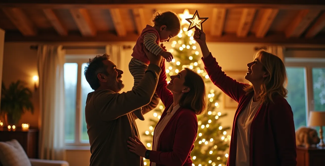Famille multigénérationnelle réunie autour du sapin, grand-père soulevant un enfant pour poser l'étoile au sommet