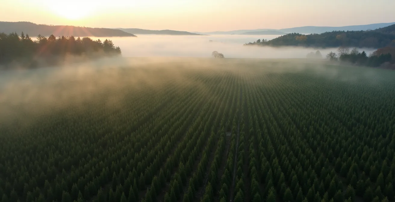 Vue aérienne d'une sapinière du Morvan avec rangées de sapins et biodiversité préservée