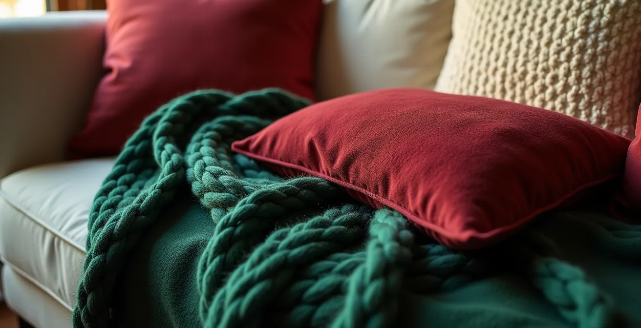 Canapé avec superposition de textiles de Noël créant une atmosphère chaleureuse