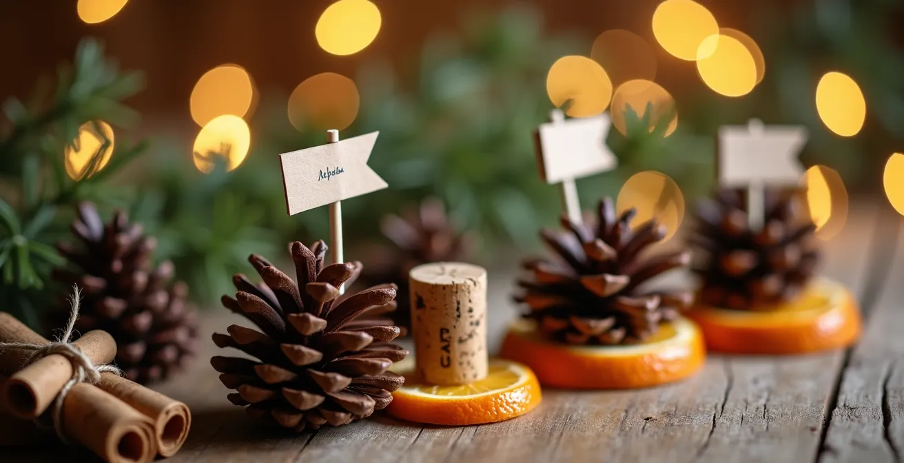 Collection de marque-places créatifs en matériaux naturels comme des pommes de pin, des bâtons de cannelle et des bouchons de liège.