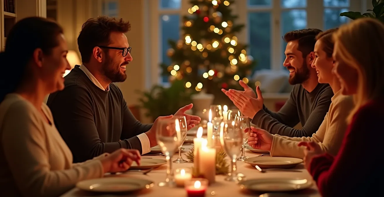 Table de Noël dressée où des invités souriants sont engagés dans une conversation animée.