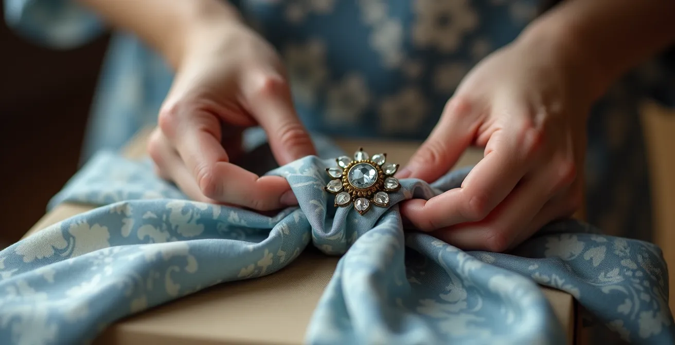 Démonstration de la technique Furoshiki avec un tissu en soie lyonnaise et une broche vintage française
