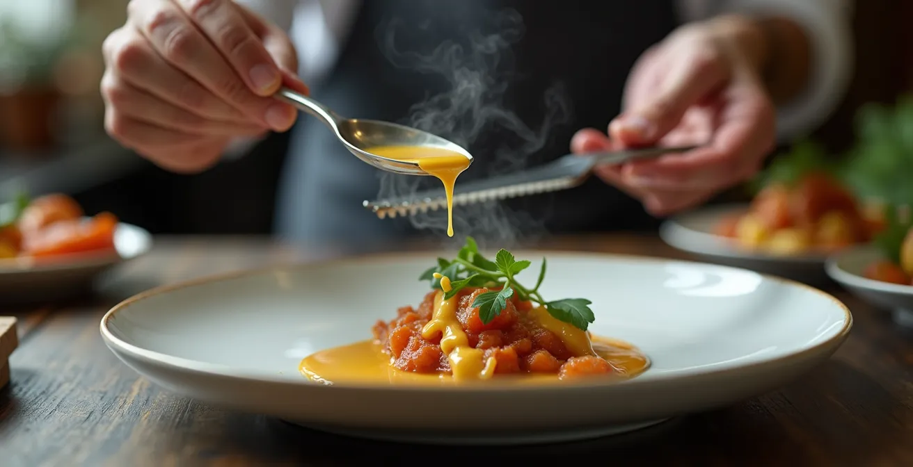 Chef testant une recette dans une cuisine avec ingrédients et notes