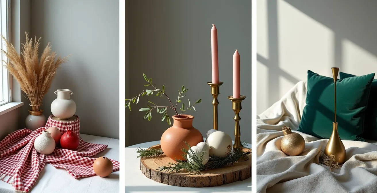 Composition montrant trois styles de décoration de Noël français : alsacien, provençal et parisien