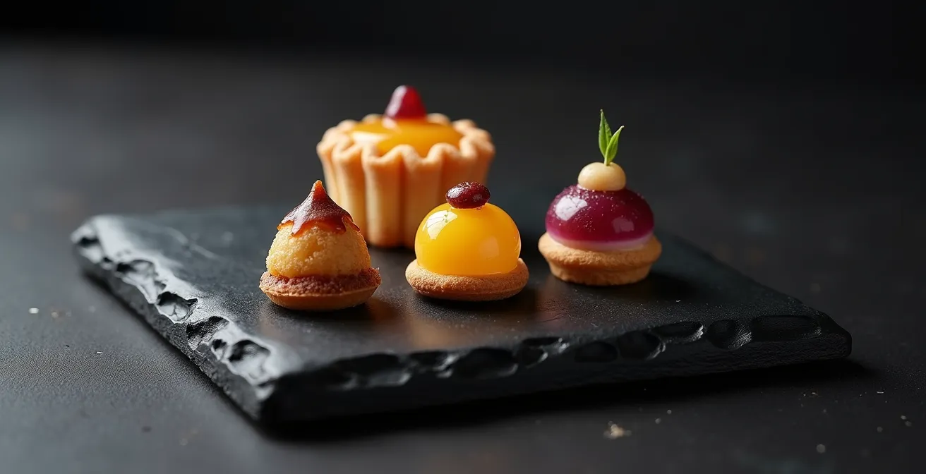 Trois mignardises régionales françaises disposées en triangle sur ardoise, symbolisant la qualité sur la quantité