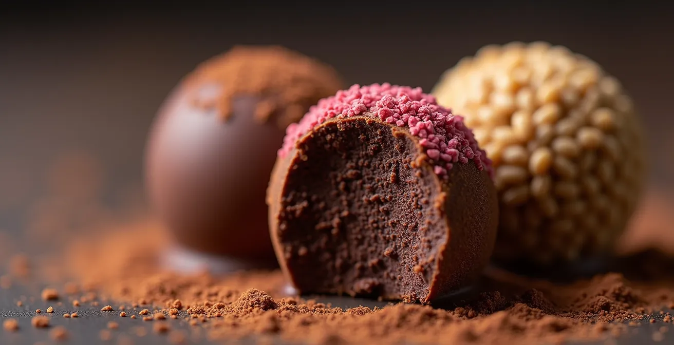 Gros plan sur des truffes au chocolat avec différents enrobages artisanaux, montrant la texture du cacao et des pralines