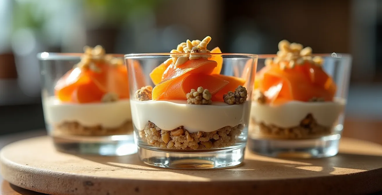 Gros plan sur des verrines élégantes avec trois couches distinctes de textures et couleurs différentes