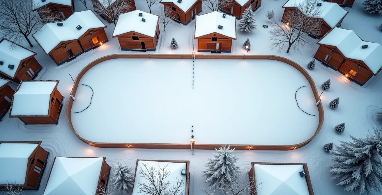 Vue aérienne montrant l'intégration harmonieuse de la patinoire dans le marché