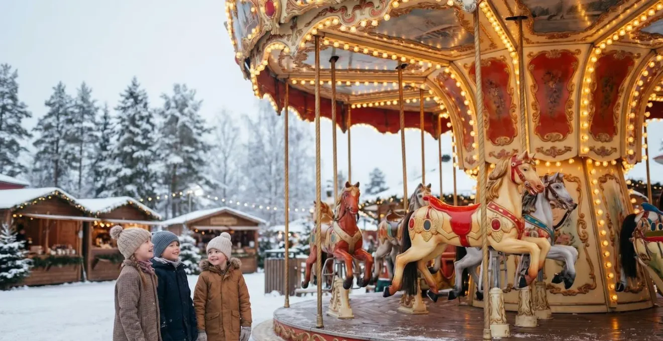 Carrousel rouge illuminé lors d'un marché de Noël avec enfants et chalets en arrière-plan