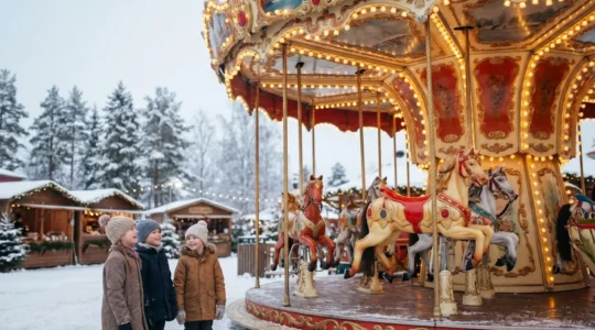 Carrousel rouge illuminé lors d'un marché de Noël avec enfants et chalets en arrière-plan