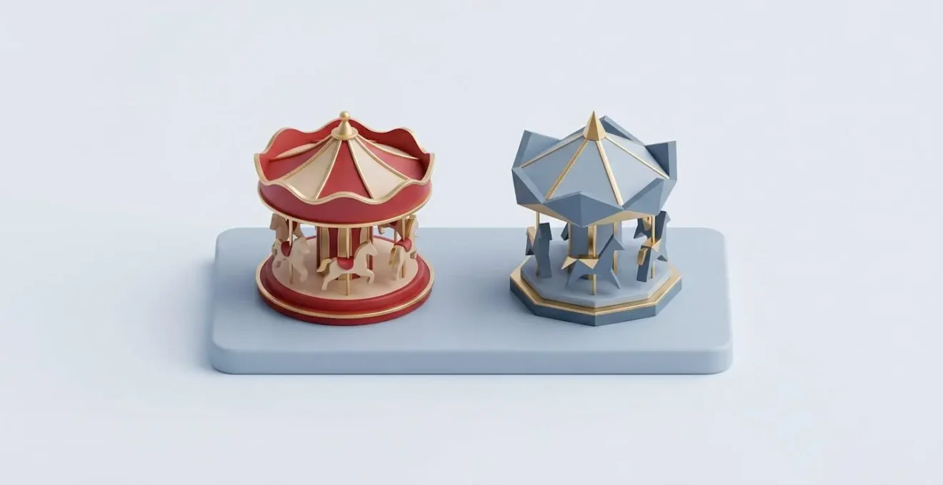 Illustration comparant un carrousel traditionnel aux ornements classiques et un carrousel moderne aux lignes épurées
